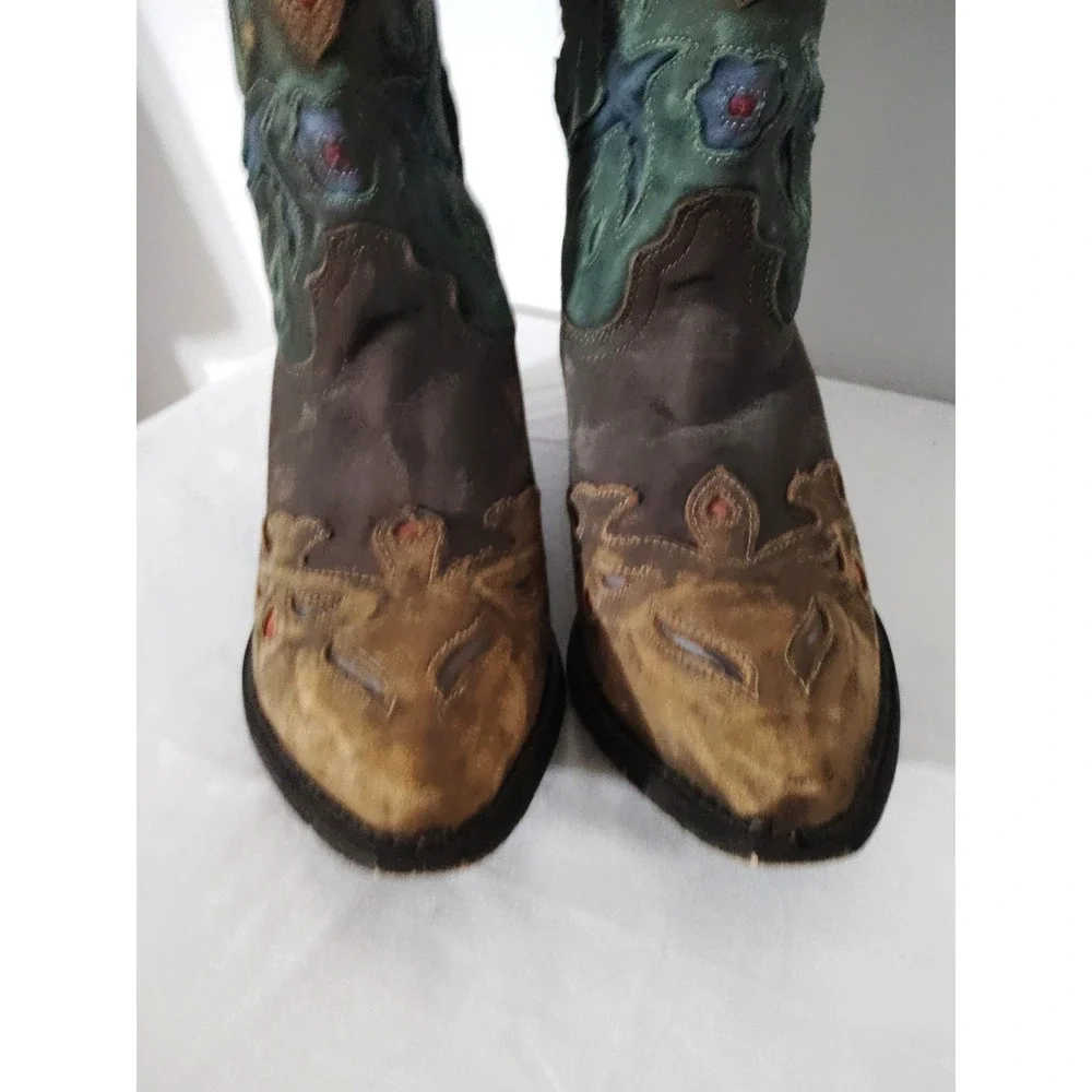 Dan Post Liberty Bird Brown Green Distressed Embroiderd Western Cowboy Boot 5.5Y